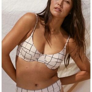 Stone Fox Swim Conch Bikini Top Bra Size Small in Sand Plaid Beige Underwire NWT